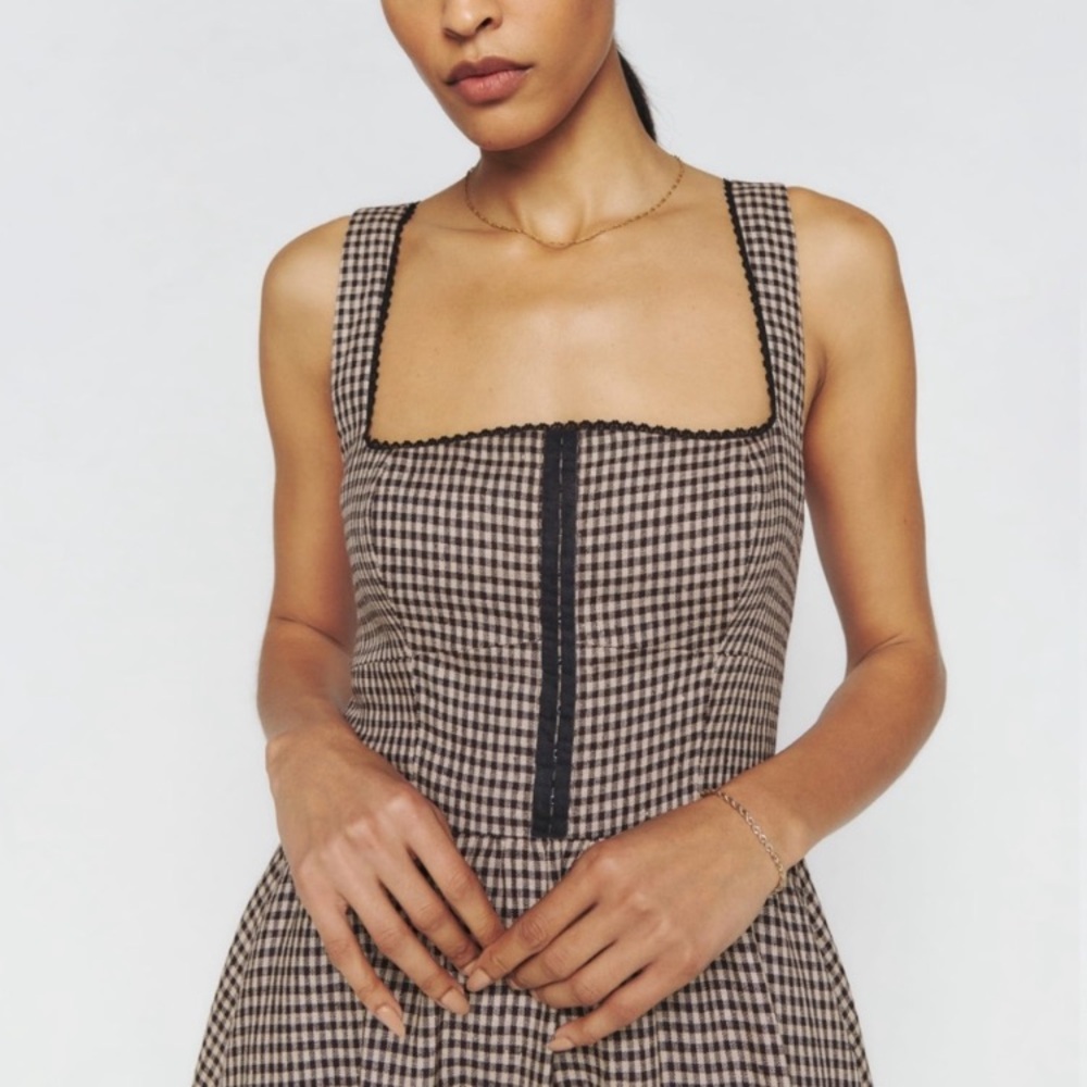 Reformation Tagliatelle 100% Linen sleeveless Dress Tartine brown check size 8